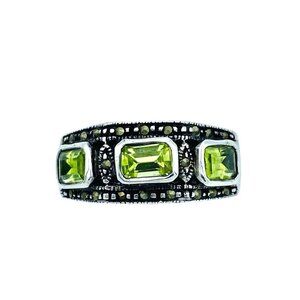 Sterling Silver Baguette Peridot Marcasite Band Ring Sz. 9.75 3 Stone Signed FAS